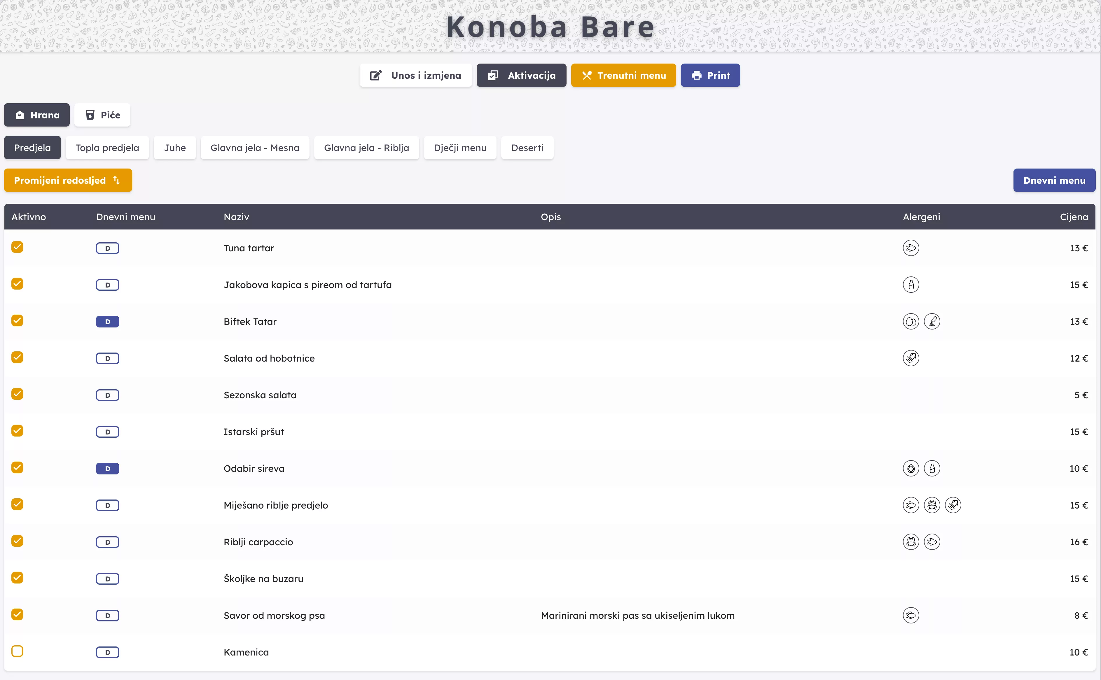 Konoba Bare restaurant menu web app, desktop view